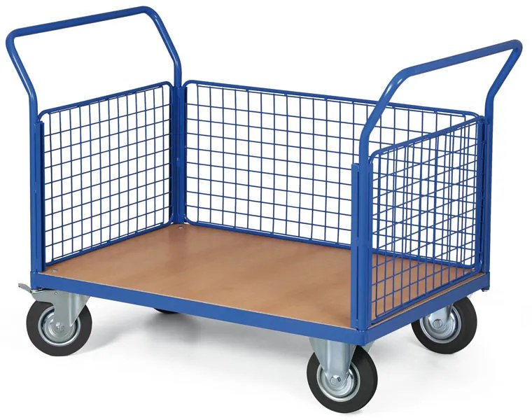 Wózek platformowy - 3 burty z siatki, 1000 x 700 mm, nośność 300 kg, koła 160 mm z czarną gumą