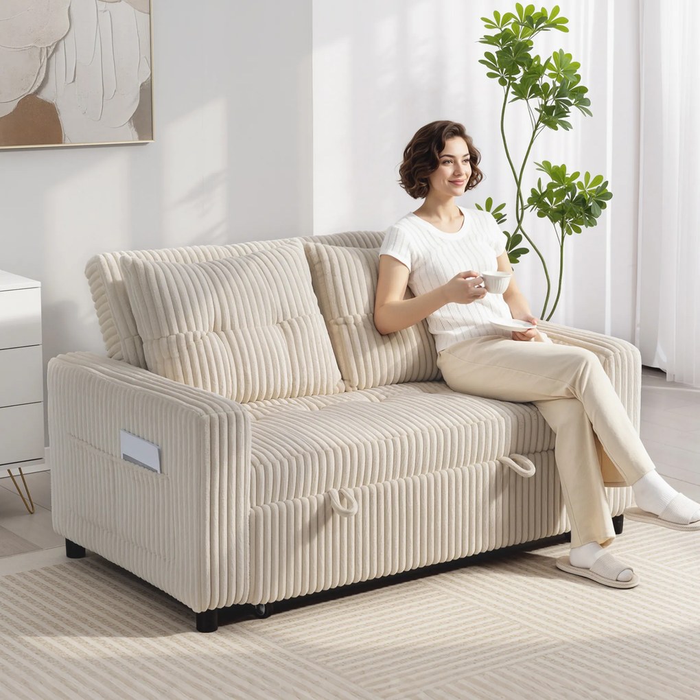 HOMCOM Sofa 2-osobowa z funkcją spania, sztruks, rozkładana, 2 poduszki, kieszenie boczne, 157 x 190 cm, Cremeweiß