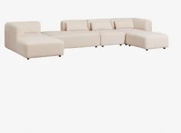 Sofa Modułowy Z Lewym Szezlongiem, 4 Części, Z Otomanką I Pufem Fogler Tkanina Baranek Boucle Kremowy Beż - Sklum