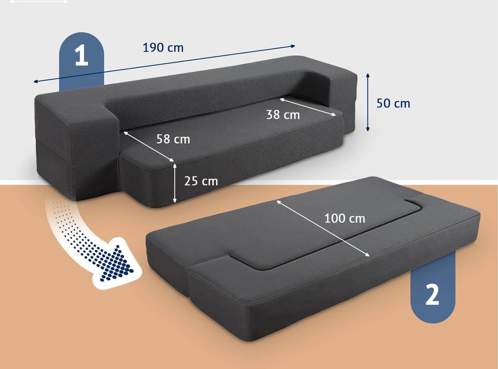 GREY SŁADANA SOFA 2w1 CIEMNO SZARA  CHARCOAL/G