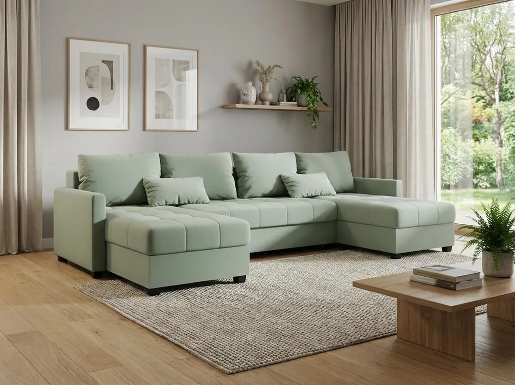 Rozkładana sofa w kształcie U VENORIA 285x146 cm, jasny zielony + 2 poduszki GRATIS