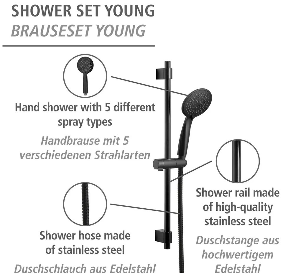 Czarny zestaw prysznicowy ze stali nierdzewnej 66 cm Young – Wenko