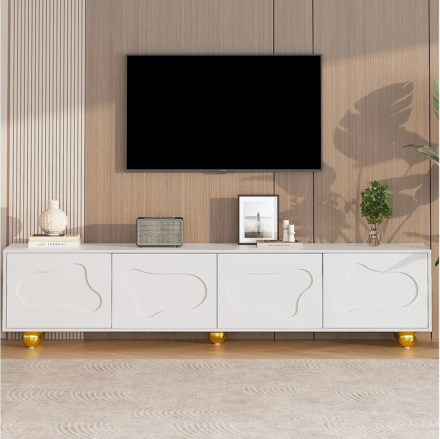Szafka RTV biała 180 cm z 4 drzwiczkami we wzór chmur i 5 złotymi nogami - Do salonu
