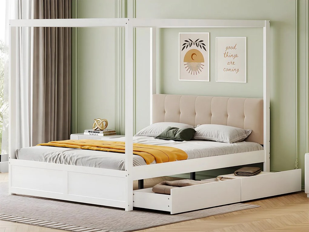 Łóżko z baldachimem 140x200cm z drewna - z tapicerowanym wezgłowiem i 2 szufladami - Białe