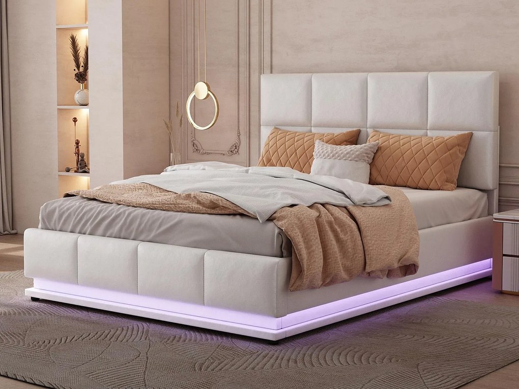 Łóżko skrzynia tapicerowane 140x200 cm z oświetleniem LED - ze skóry ekologicznej - Białe