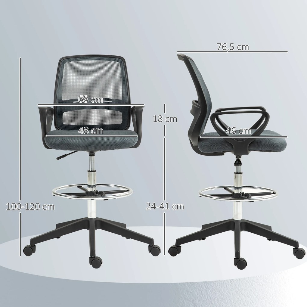 Vinsetto Ergonomiczny Fotel Biurowy z Podłokietnikami i Regulowanym Podnóżkiem Siatka Szary