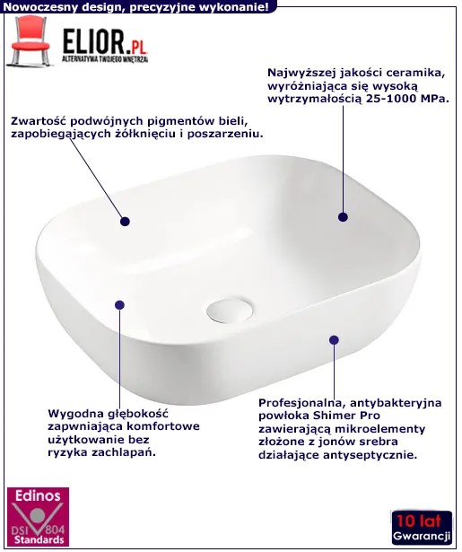 Biała umywalka nablatowa ceramiczna Konga