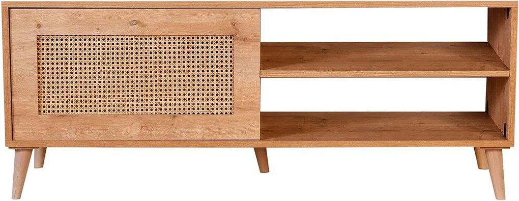 Elegancka dębowa szafka pod telewizor, 138 x 55 x 41 cm | Płyta wiórowa pokryta melaminą w 100%, nogi z drewna grabowego (15 cm) | Idealna do nowoczesnych salonów