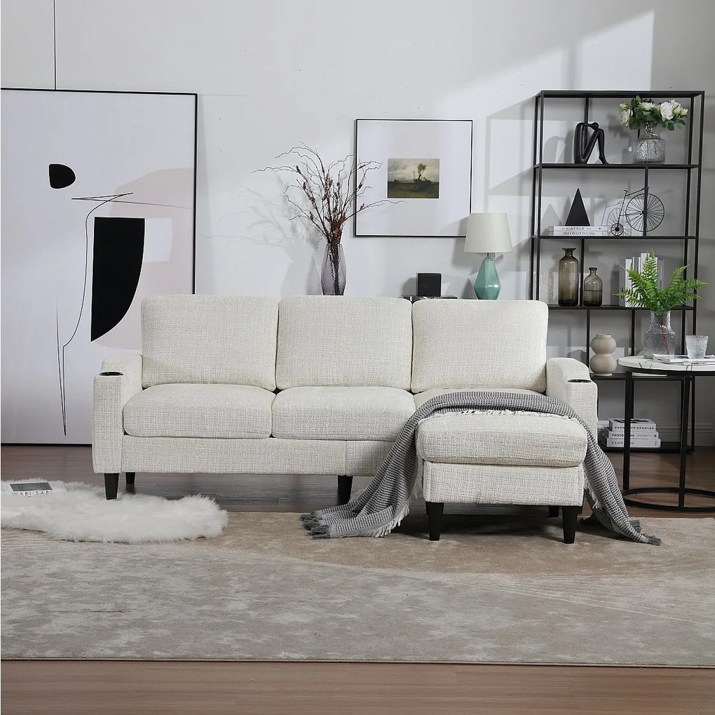 Beżowa, 4-osobowa sofa modułowa Chenille z pufem ze schowkiem, uchwytami na kubki i kieszeniami bocznymi – do salonu