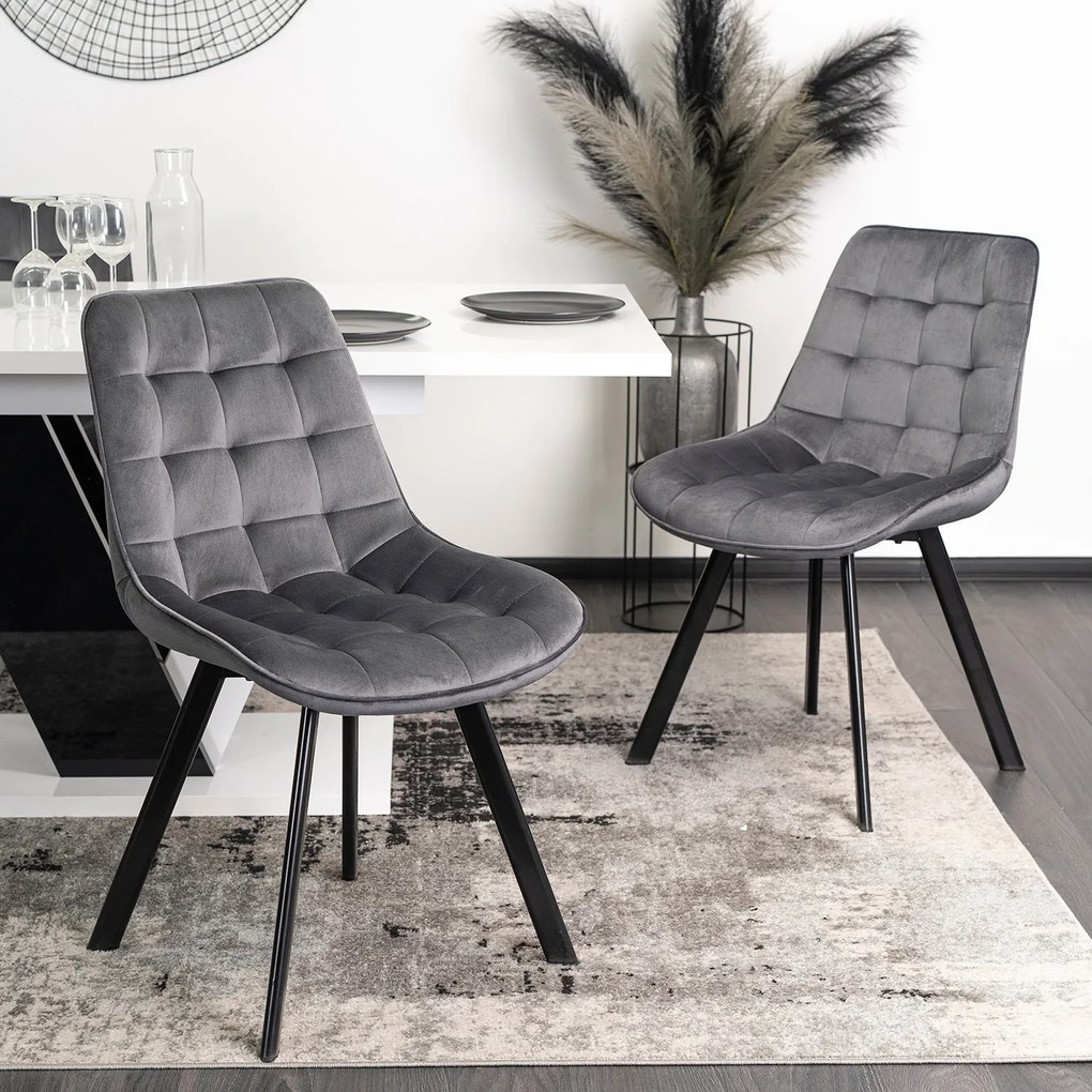 Zestaw Stół Prostokątny Rozkładany CLARK 120-160 cm Czarny/Biały Połysk i 4 Krzesła Tapicerowane do Salonu RICK Szare Welurowe