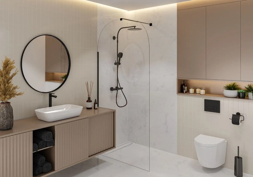 Ścianka prysznicowa WALK IN FIX przezroczysta półokrągła 8mm MOLIS CLEAR OVAL MASSI | rożne rozmiary : Kolor profili kabiny - złoty szczotkowany, Szerokość ścianki - 90 cm , Typ montażu - WALK in FIX (Do ściany)