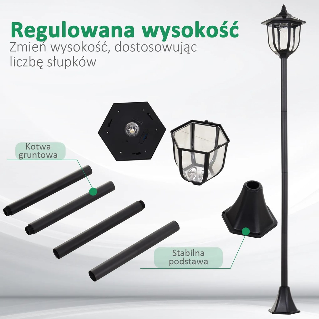 Outsunny lampa ogrodowa LED solarna latarnia ogrodowa czarna stal nierdzewna wysoka 30 60 lumenów | Aosom PL