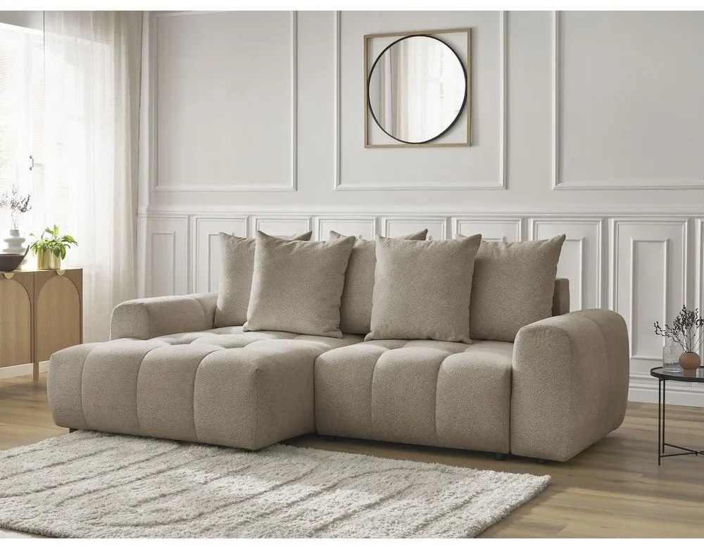 Beżowy rozkładany narożnik z tkaniny szenilowej ze schowkiem (lewostronny/z szezlongiem) Roxelane – Bobochic Paris