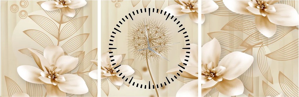 Obraz - Kompozycja złotych kwiatów (z zegarem) (90x30 cm)