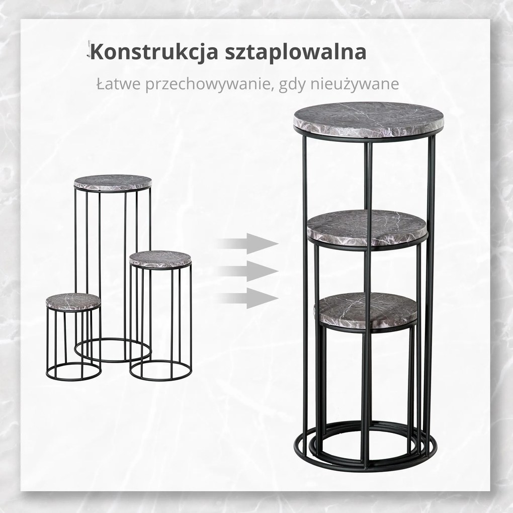 Outsunny Zestaw 3 metalowych stojaków na kwiaty, marmurowy wzór, możliwość układania w stos