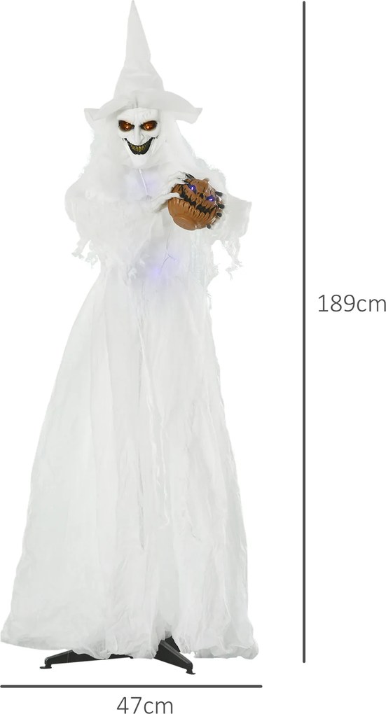 Outsunny 189 cm Biała czarownica z głową dyni, dekoracja halloweenowa na zewnątrz w naturalnej wielkości | Aosom PL