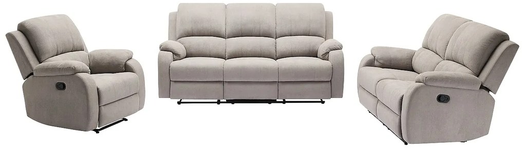 Kanapa 3-osobowa, 2-osobowa i fotel z funkcją relax z jasnoszarej mikrofibry - BRODY