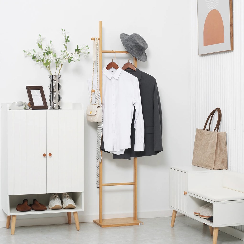 HOMCOM Nowoczesny stojak na ubrania, 2 haki &amp; 3 drążki, solidny bambus, 36x24x168 cm, naturalny