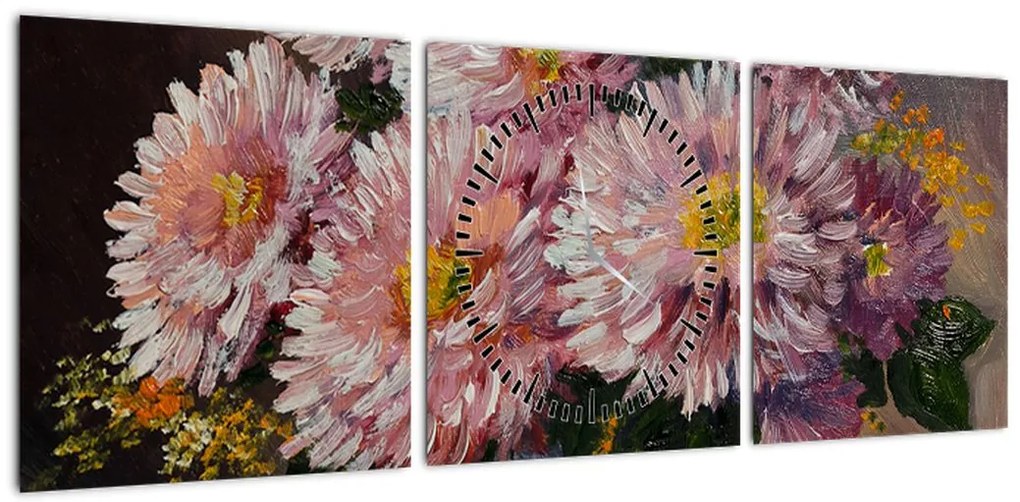 Obraz - Obraz olejny, Kwiaty w wazonie (z zegarem) (90x30 cm)