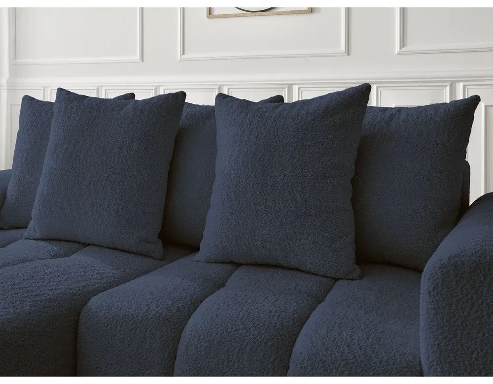 Niebieski rozkładany narożnik z materiału bouclé ze schowkiem (lewostronny/z szezlongiem) Roxelane – Bobochic Paris