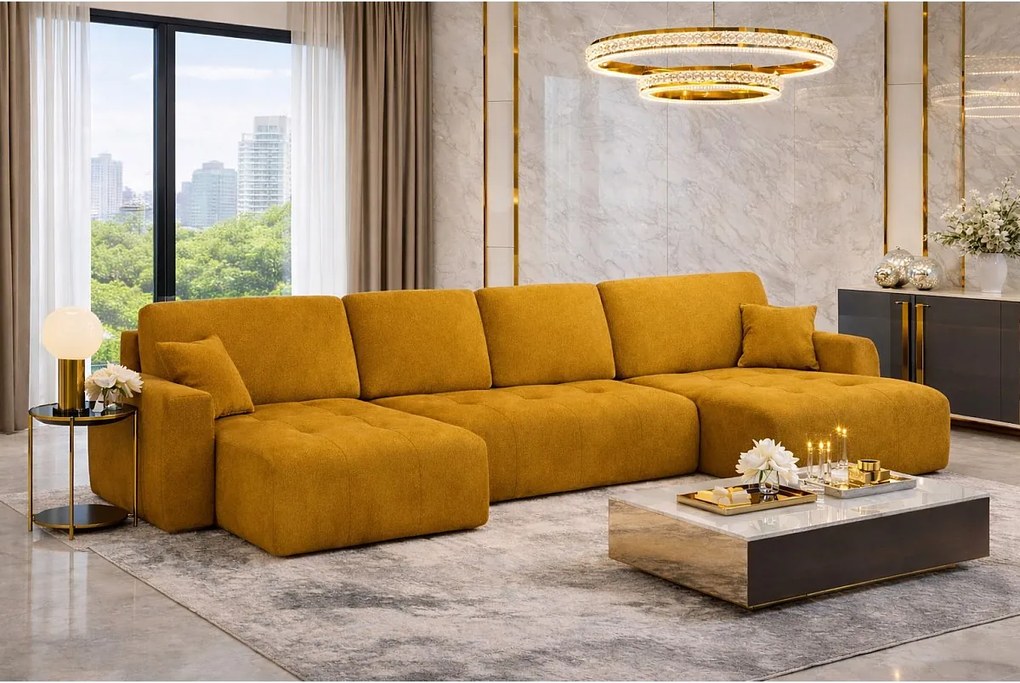 Narożnik w kształcie U z funkcją spania i pojemnikiem Ivo U, tkanina welurowa Salvador, Żółty