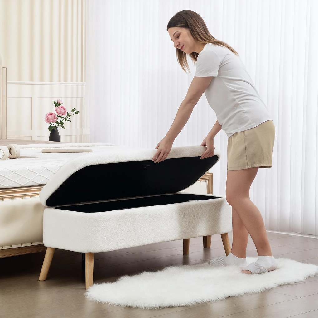 HOMCOM Pufa do przechowywania, siedzisko z 65 L przestrzeni, podnóżek, materiał polarowy, drewno kauczukowe, pianka, 120 x 42 x 45 cm, Kremowy