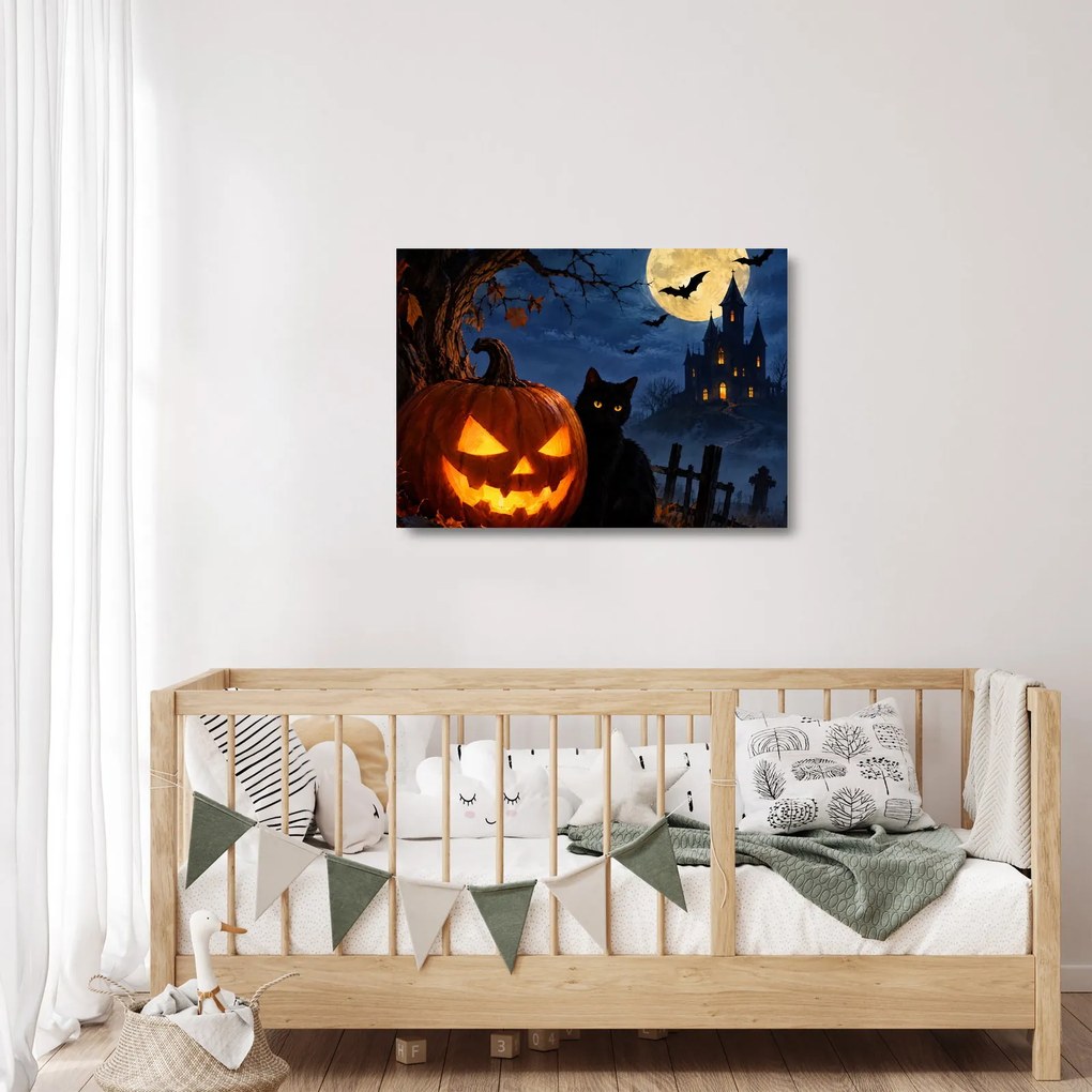 Obraz na szkle - Czarny kot przy świecącej dyni na Halloween (70x50 cm)