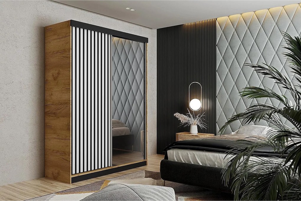 Szafa przesuwna z lustrem lamele MALANI 138 dąb craft złoty + biały