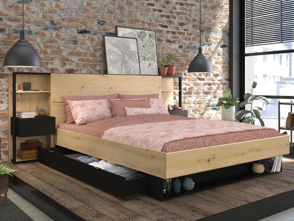 Łóżko ze stolikami nocnymi i z miejscem do przechowywania 160 x 200 cm - Kolor: Naturalny i czarny - MISTA
