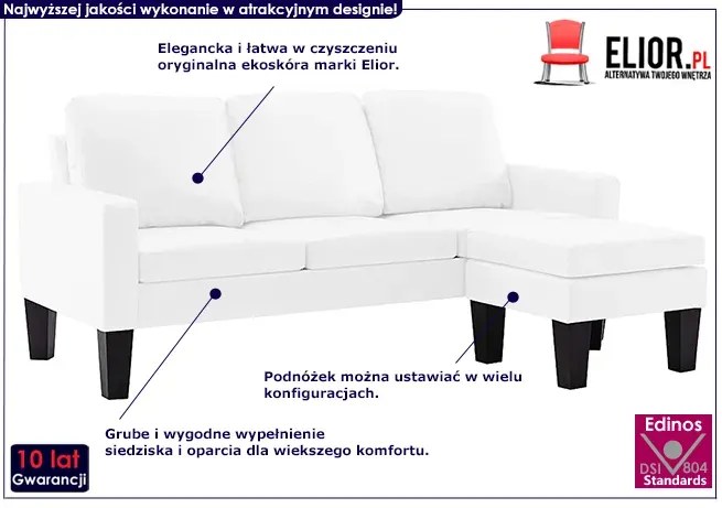 3-osobowa biała sofa z ekoskóry z podnóżkiem - Lencor 4Q