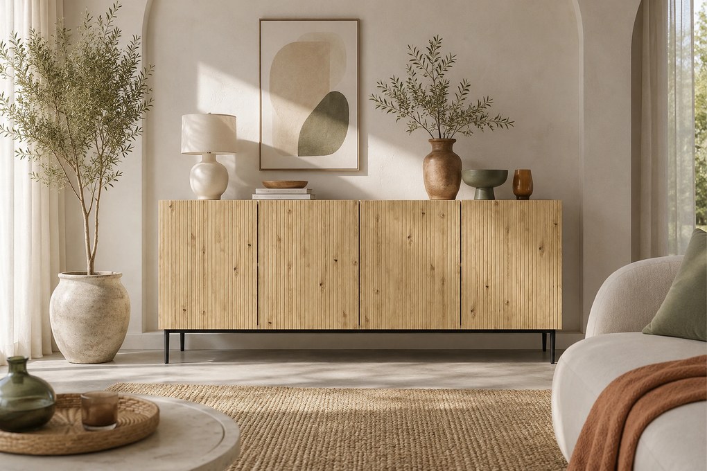 Komoda Nicole 200 cm czterodrzwiowa - biały / dąb artisan / czarne nóżki