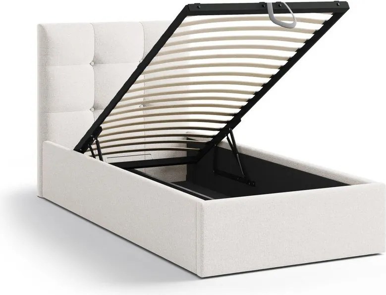 Kremowe tapicerowane łóżko jednoosobowe ze schowkiem ze stelażem 90x200 cm Phaedra – Micadoni