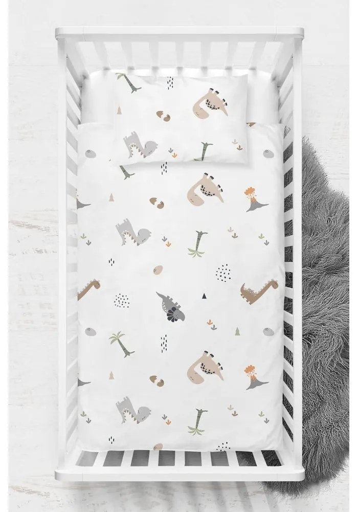 Biała pościel dziecięca do łóżeczka z bawełny renforcé 100x150 cm Dinozor – Mijolnir