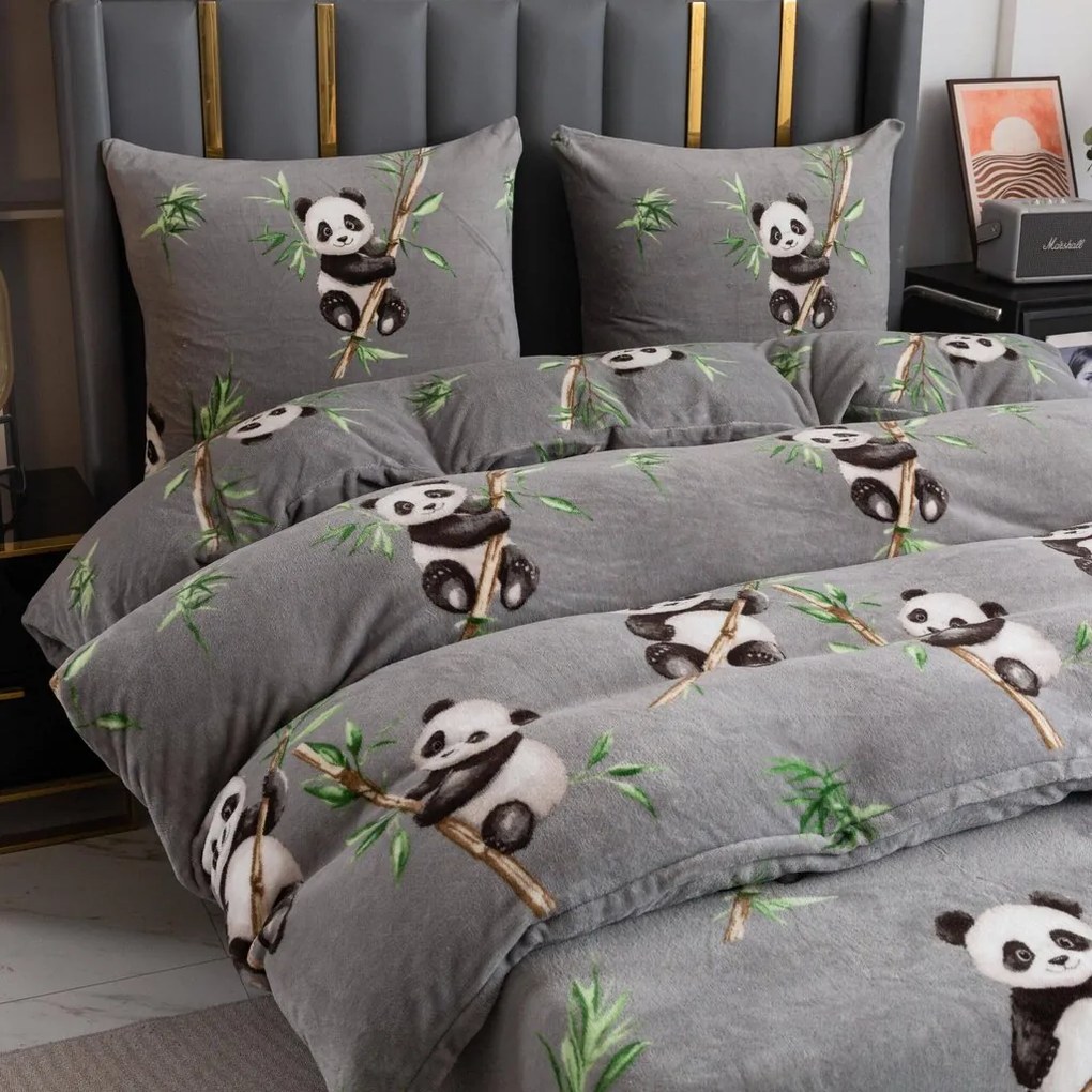 PrzytulneMieszkanie.pl PrzytulneMieszkanie.pl Pościel z mikropluszu HAPPY PANDA szara Rozmiar pościeli: 70 x 80 cm | 140 x 200 cm