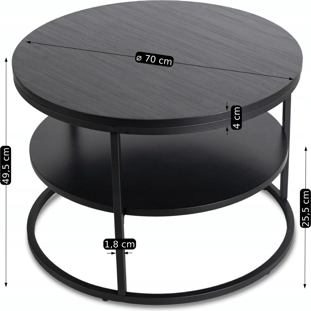Stolik kawowy Best 70 cm, okrągły, z półką, do salonu, czarny