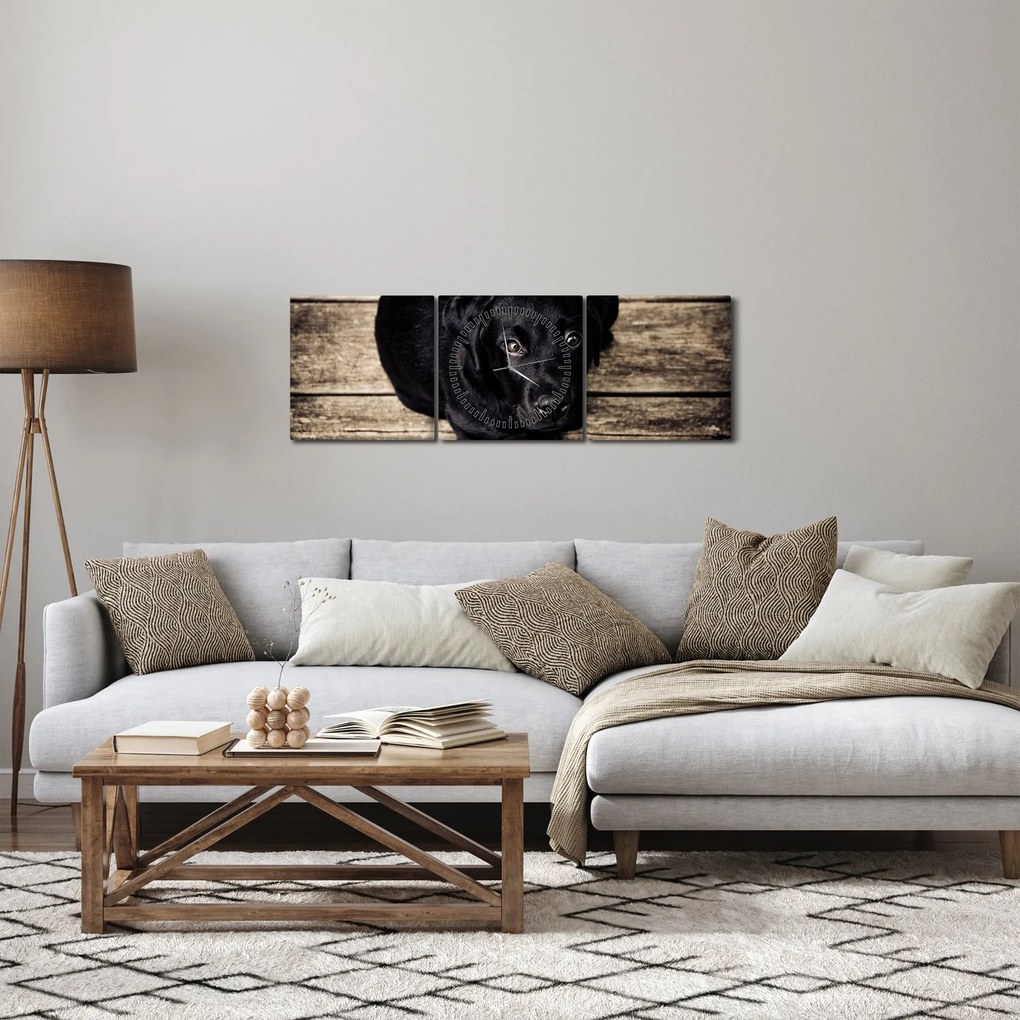 Obraz czarnego szczeniaka (z zegarem) (90x30 cm)