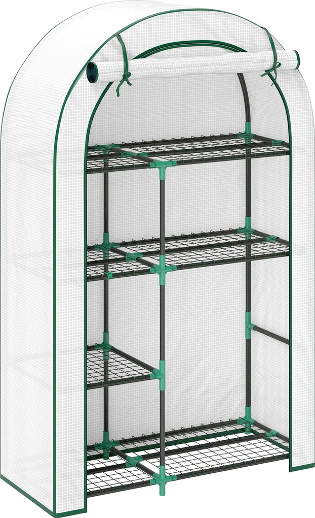 Outsunny Mini-szklarnia, 4-poziomowa szklarnia z folią plastikową, przenośna, z rolowanymi drzwiami, 100 x 45 x 160 cm, biała