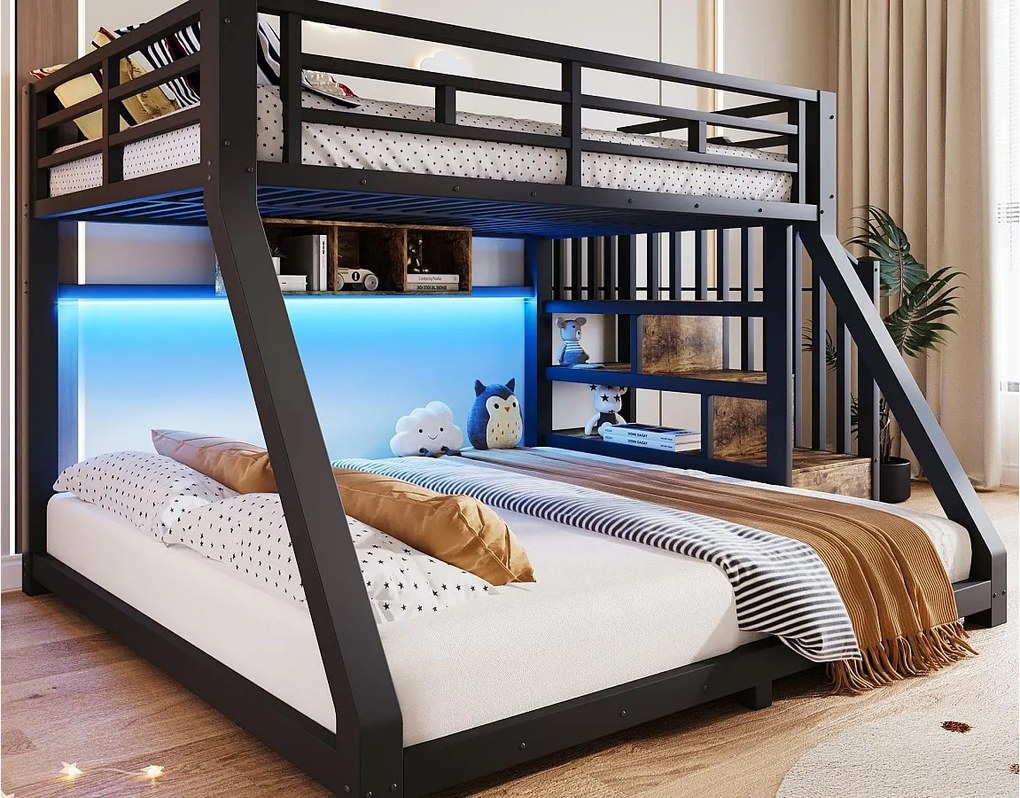Łóżko piętrowe 90x200cm + 140x200cm - z taśmą LED - trzy przegródki do przechowywania - z drabiną - czarny​ (materac nie jest wliczony w cenę)