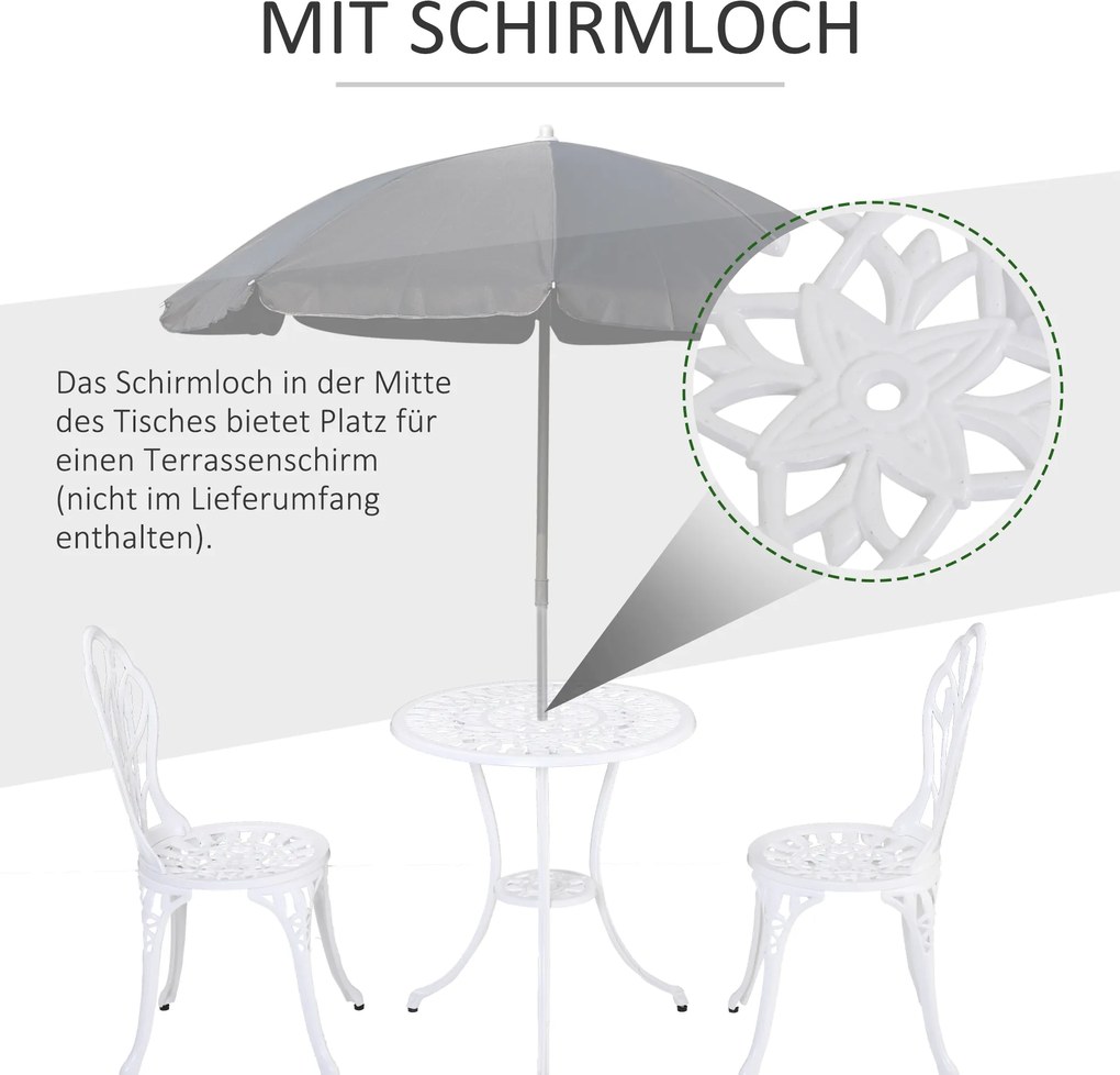Outsunny Stylowy Zestaw Mebli Balkonowych 3-częściowy - Aluminium, Biały Kolor, 2 Krzesła, Stół z Otworem na Parasol