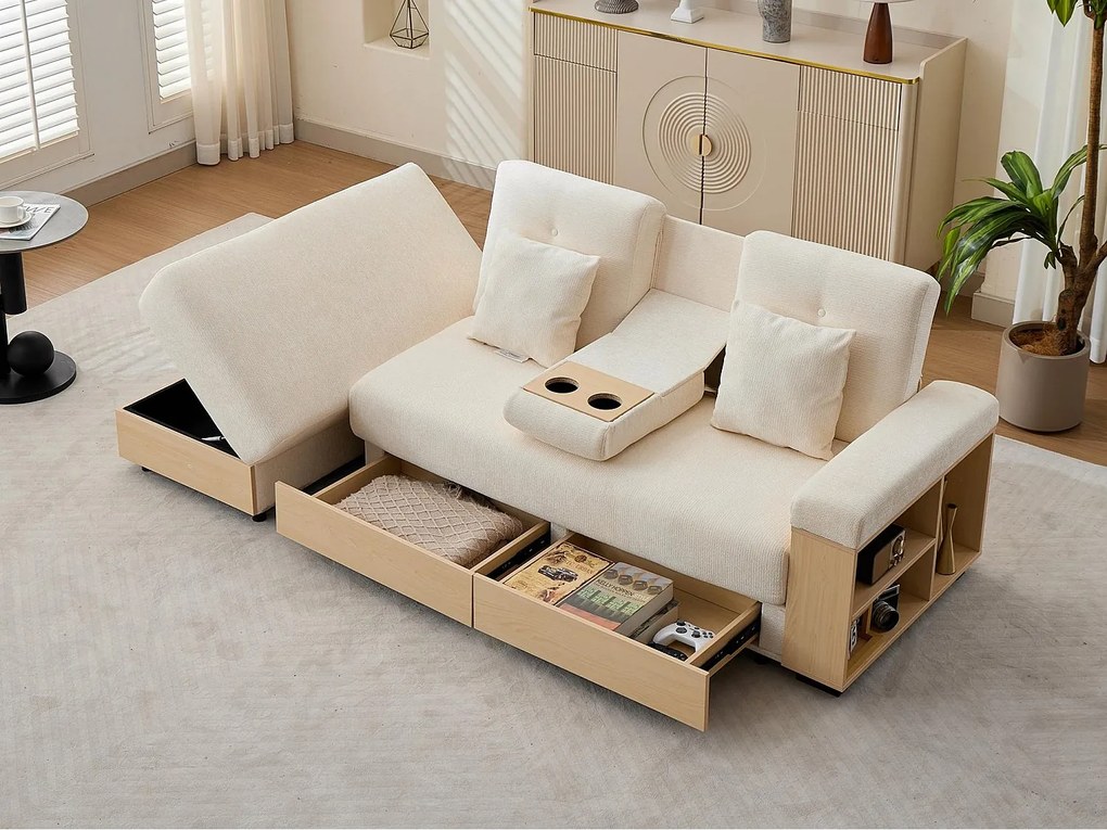 Nowoczesna sofa 3-osobowa - Regulowane oparcie w 3 pozycjach - Pufa ze schowkiem - 2 szuflady i uchwyt na kubki - Tkanina szenilowa - Beżowy