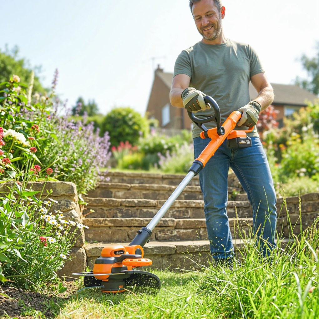 Outsunny Akumulatorowa podkaszarka 21 V z 2 x 4,0 Ah akumulatorami i ładowarką, szerokość cięcia 25 cm, regulowany teleskopowy uchwyt | Aosom PL