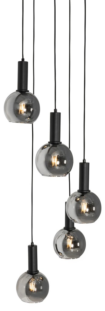 Lampa wisząca w stylu art deco czarna z dymionym szkłem okrągła 5-światłowa - Josje ArtDeco Oswietlenie wewnetrzne