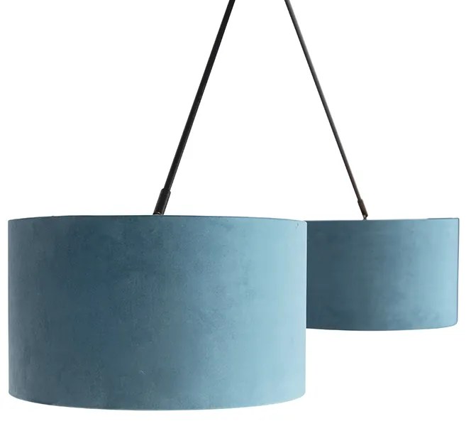 Lampa wisząca czarna z niebieskimi i złotymi abażurami z weluru 35 cm 2-światłowa - Blitz klasyczny/Antyczny Oswietlenie wewnetrzne