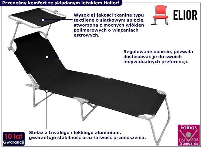 Czarny składany leżak z daszkiem - Hallor