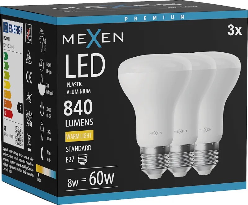 Mexen Nova 3x żarówka LED E27, R63, 8W, Ciepła - 3000K, 840 lm - L104-E27-0830-01x03