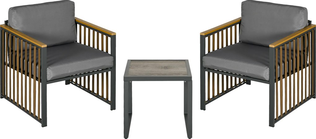 Outsunny Zestaw mebli ogrodowych, 3-częściowy, z poduszkami, dekoracją drewna, antyrdzewna metalowa rama, Szary