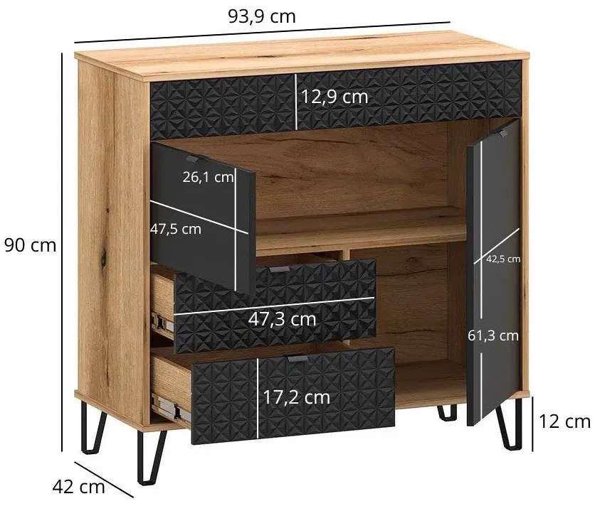 Komoda z szufladami na nóżkach dąb evok + czarny H6-M32