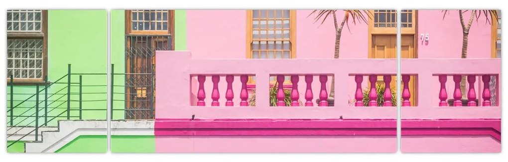 Obraz samochodu - kolorowe domy (170x50 cm)