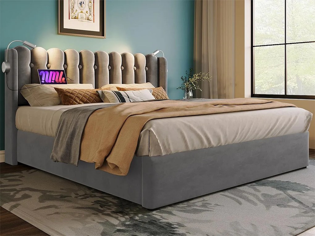 Łóżko tapicerowane z LED i portami USB - 160x200cm - tkanina welurowa - z stelażem na listwach - Szary