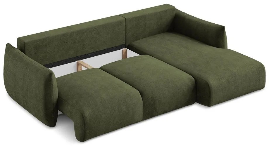 Zielony rozkładany narożnik z tkaniny szenilowej (prawostronny/z szezlongiem) Leila – Makamii